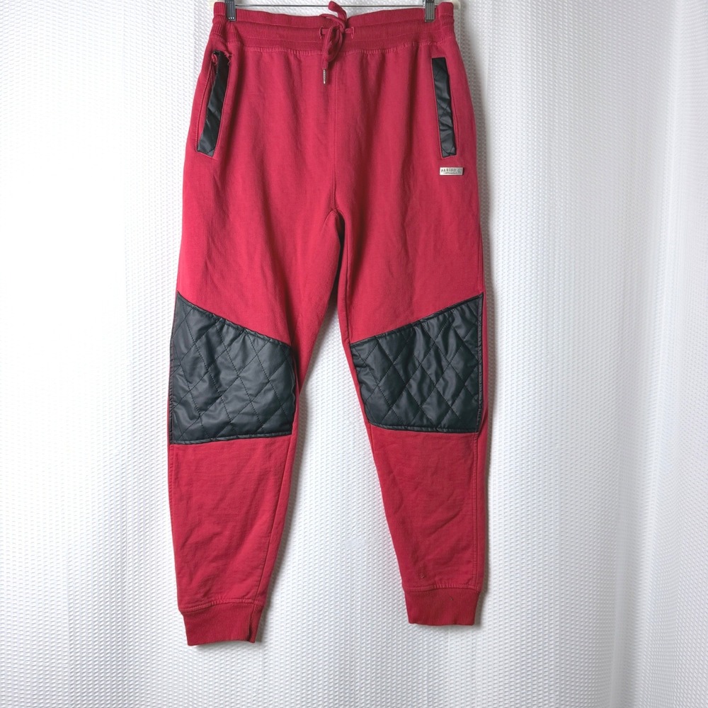 Parish Nation Joggers Men XL Red Streetwear Quilted Faux Leather Trim Moto Pants